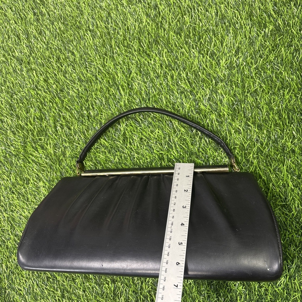 Vtg 50s Black Leather Wrapped Metal Top Handle Bag Gold Frame Clasp Purse - Picture 4 of 15